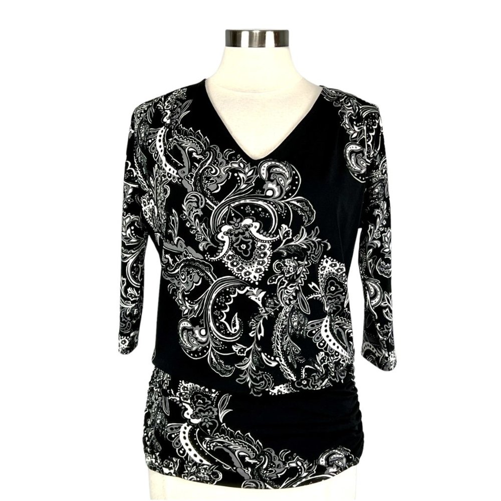 White House Black Market Paisley Black White Blouson Waist Top WHBM size Small